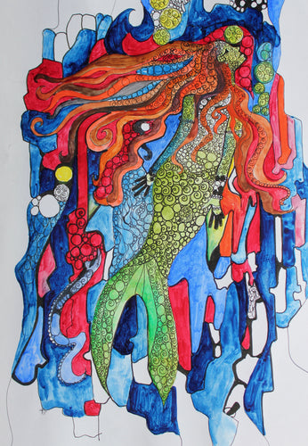 Lost Mermaid original ink drawing/ watercolour painting